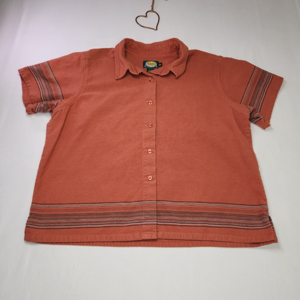 ⭐️Cabela’s 2XL 100% Cotton Salmon Orange Stripe Button Up Crop Utility Shirt Top